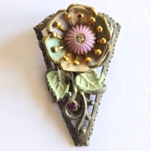 Vintage flower clip fur dress clip pin dark gold tone metal